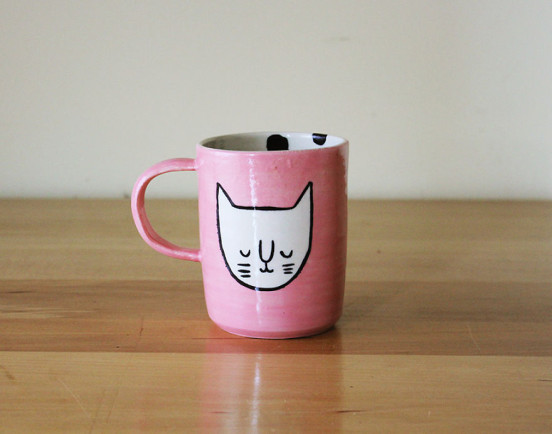 Baby Pink Cat Face Mug With Interior Black Polka Dots