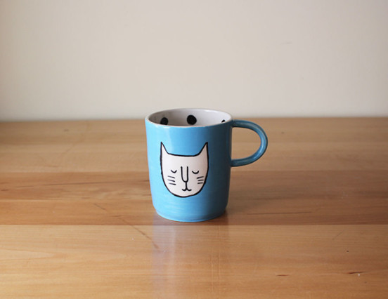 Turquoise Cat Face Cup With Polka Dots